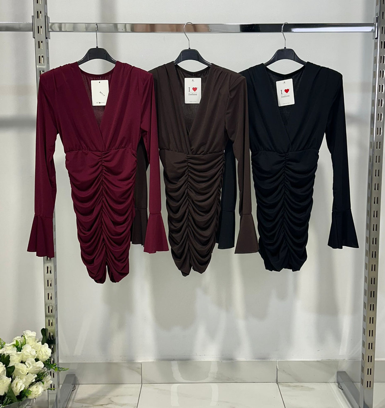 Vestido Evan Midi Drapeado Manga Larga 3 Colores