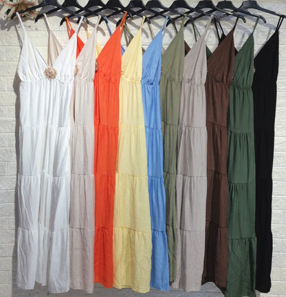 Vestido Greis Largo Tirantes Estrella Escote V 10 Colores