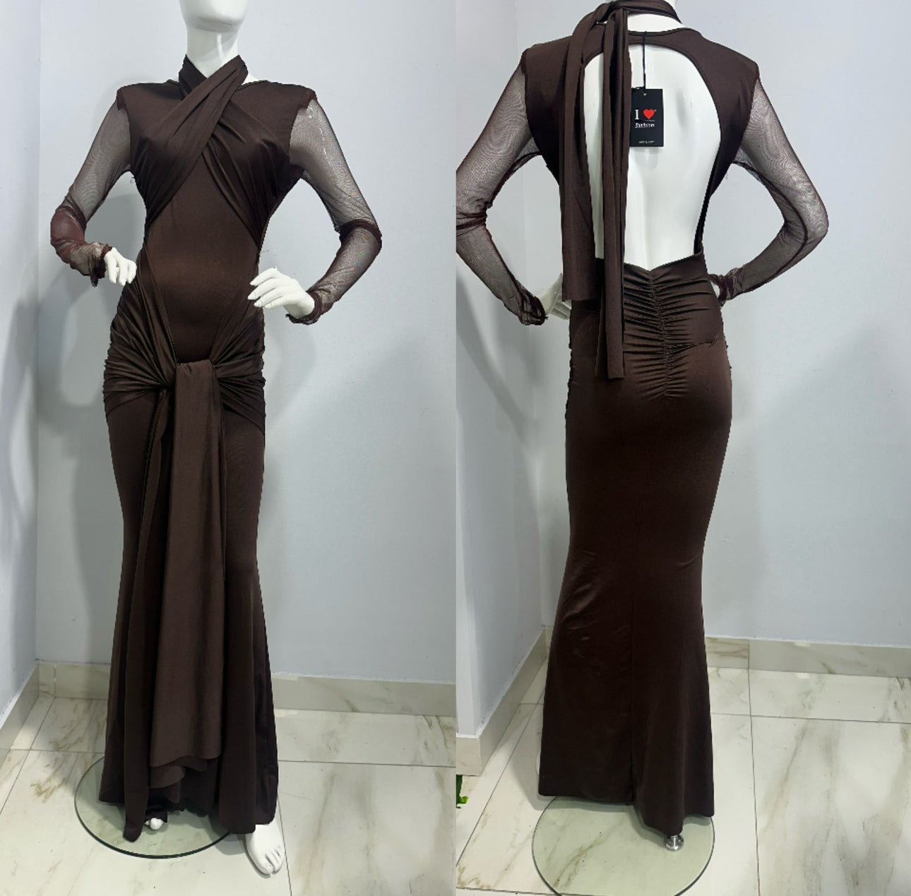 Vestido Taylor Largo Mangas Veladas Espalda Descubierta