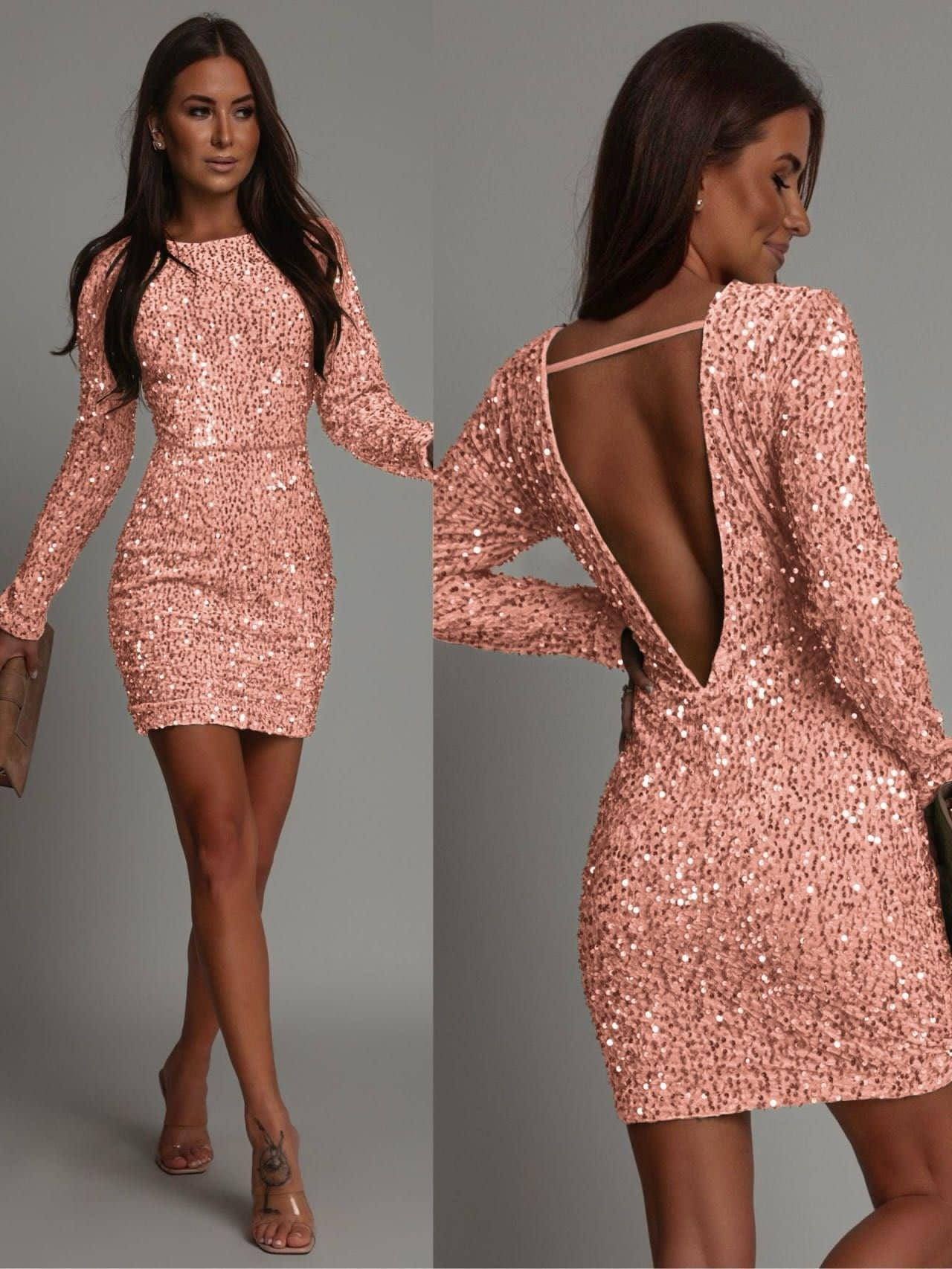 Vestido Perla Lentejuelas Espalda Escotada Negro y Dorado